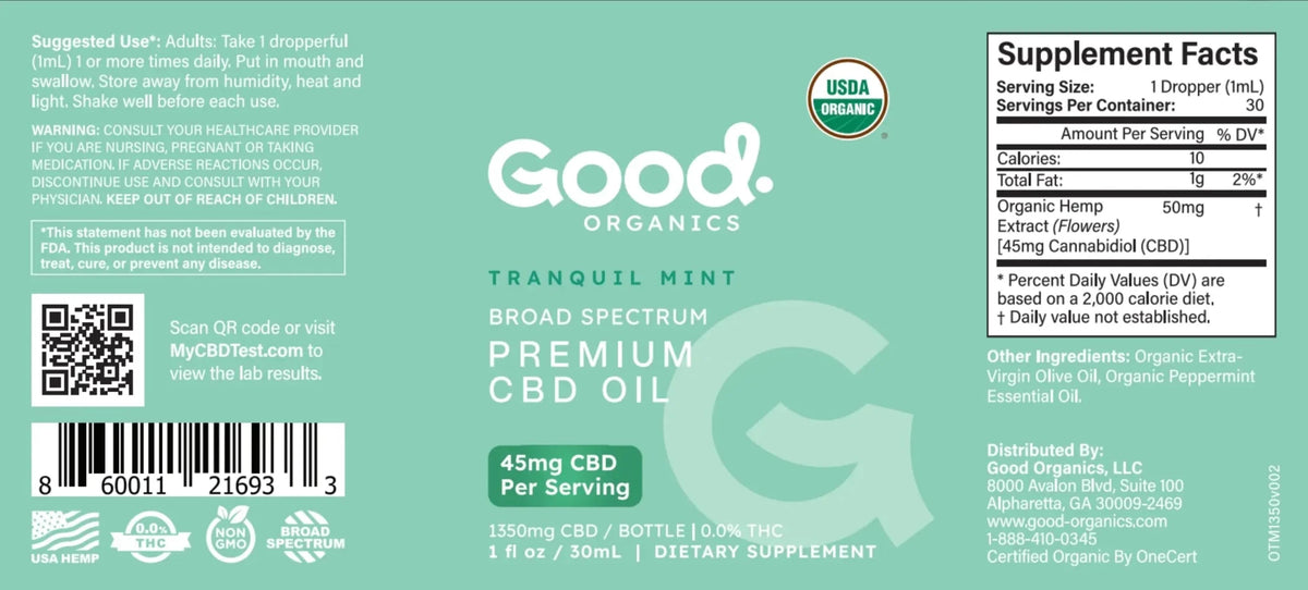 USDA Organic Tranquil Mint CBD Tincture 1350mg